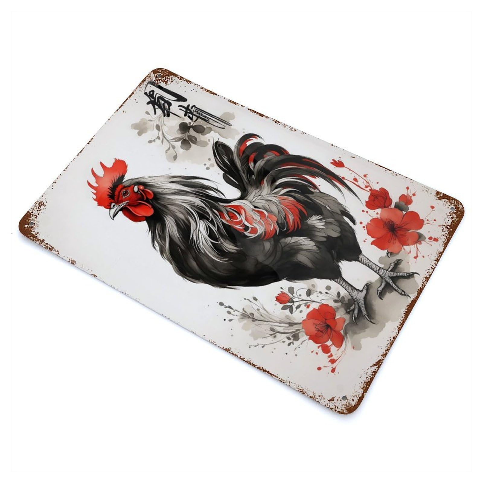 Rooster Chicken Japan Art Vintage Wall Sign 11.8"x7.9", Rust Effect Metal Decor for Living Room, Hallway And Home Decor