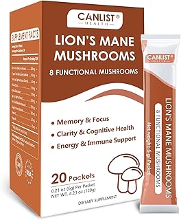 Lion's Mane Mushroom Powder with Lions Mane, Cordyceps, Chaga, Reishi, Shiitake, Boletus, Agaricus Bisporus, Turkey Tail for Better Energy, Cognitive Focus & Immune Support, 20 Packets