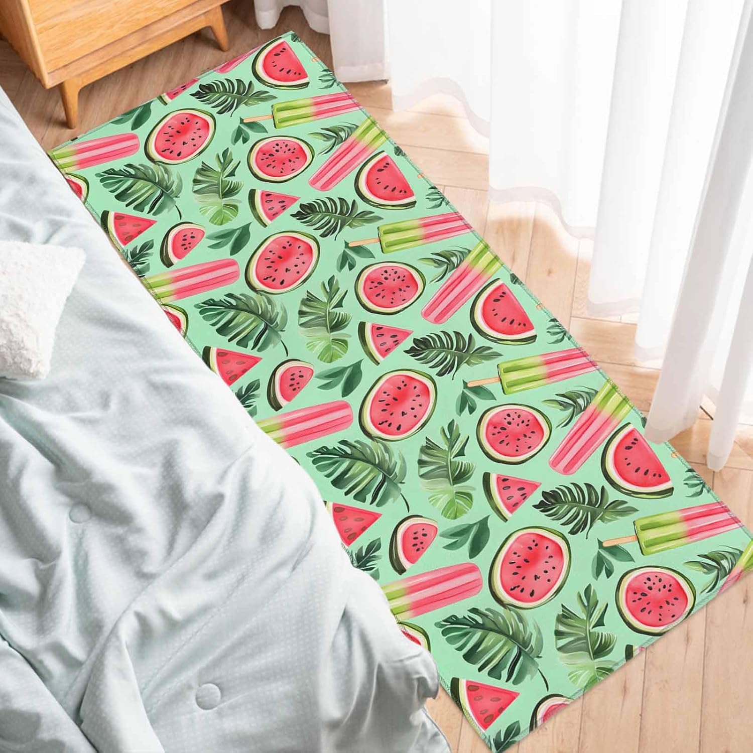 2 Pieces Kitchen Rugs and Mats,Summer Watermelon Popsicle Leaf Area Runner Rug Set Non Slip Floor Doormat Washable Carpet Standing Mat for Kitchen Sink Indoor Corridor,Watercolor Fruit Plant on Green