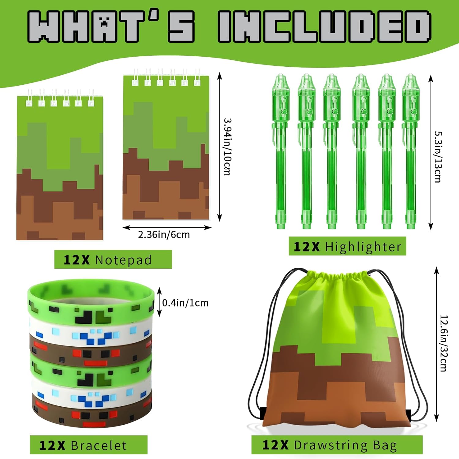 Pixel Theme Party Favors, Miner Game Birthday Party Supplies & Goodie Bags for Kids, Include Drawstring Bags Notebook Silicone Bracelet Highlighter for Gifts Fillers - Image 2