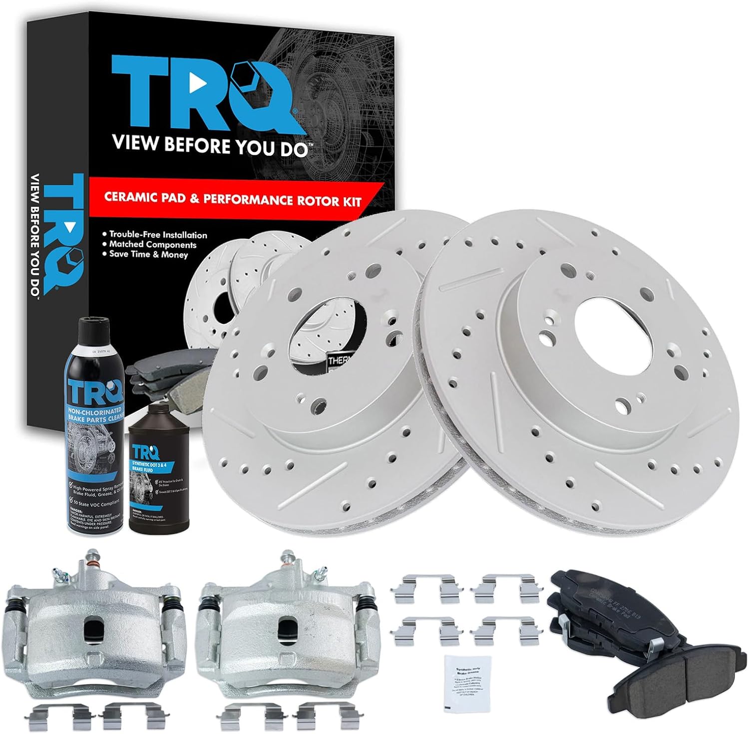 TRQ Front Performance Brake Pad & Rotor Kit Brake Caliper Brake Chemical Kit Brake Pads Brake Rotors Set Ceramic Premium G-Coated Compatible with 2006-2011 Honda Civic