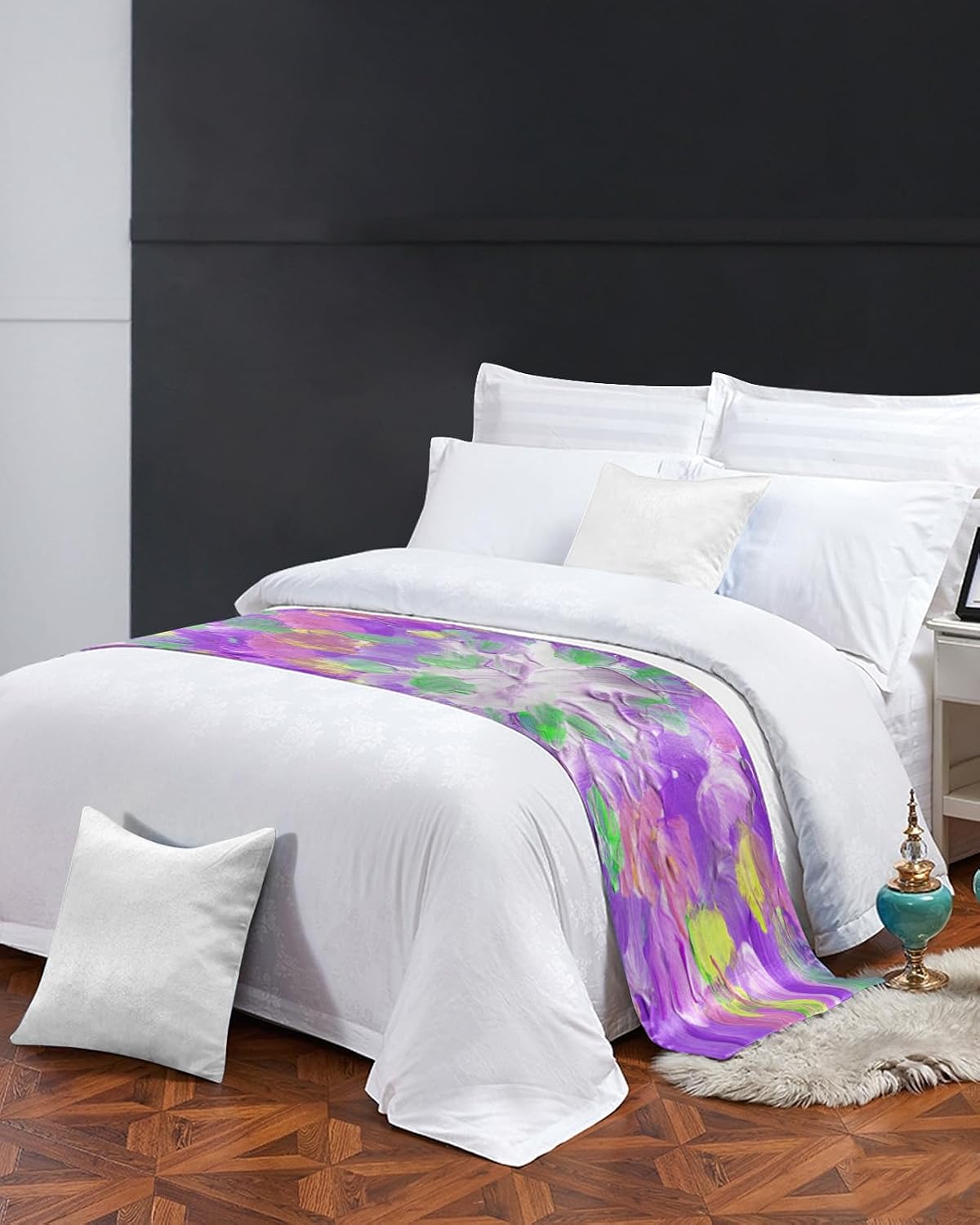 Bed Runner Scarf, Abstract Art Oil Painting Watercolor Purple Ombre King Bed Bedding Scarves Cover Decorative Bed Scarf for Home Hotel Guesthouse Bedroom Wedding Room Guestrooms 71"x20"