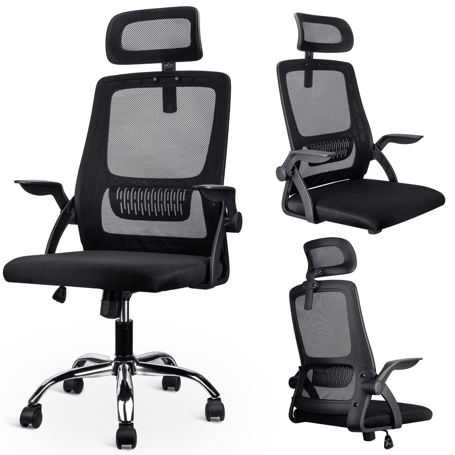 Office Chair - Ergonomic Chair with Adjustable Headrest, Elastic Back Support for Office Chairs, Desk Chair with 90° Flip-up Armrest, Computer Chair for Home Office, Breathable Mesh Gaming Chair
