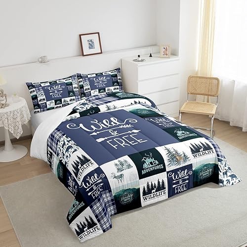 Miniatura 4 de Erosebridal Juego de edredón rústico de oso de ciervo para niños y adolescentes, juego de ropa de cama de árbol del bosque, relleno de edredón de