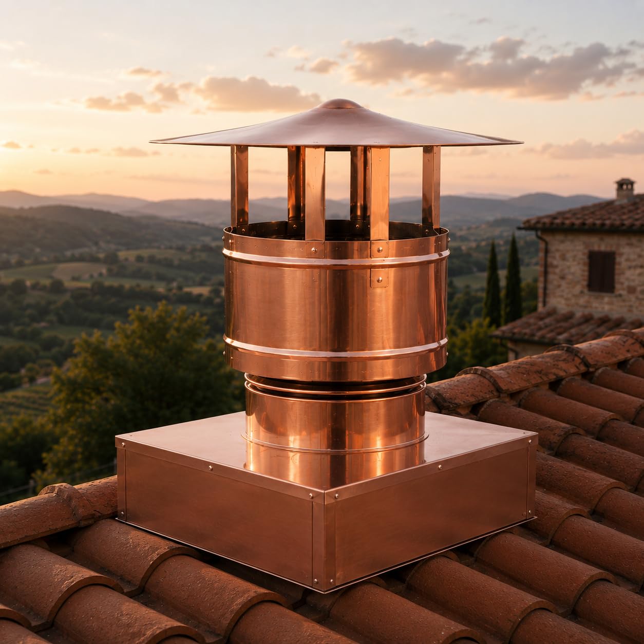 MAKA Comignolo Antivento Base Rettangolare, Terminale per Canna Fumaria Camino Stufa a Legna Pellet e Gas, Cappello Antipioggia Aspirafumo Base Rettangolare (220x320 mm - Rame)