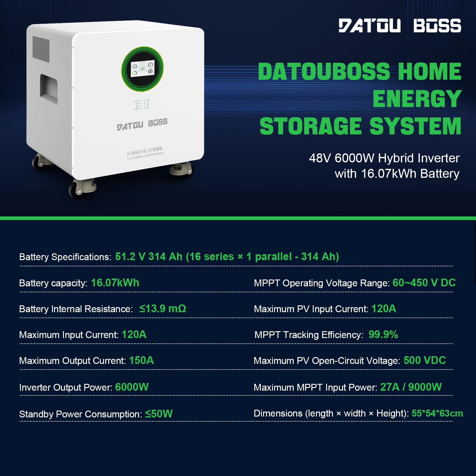 DATOUBOSS 6000W Hybrid Wechselrichter+48V 314Ah 16.07 kWh LiFePO4 Batterie All-in-One,9000W PV Eingang,ausgestattet mit WiFi-Modul,unterstützt APP-Fernüberwachung,8000+ Ladezyklen,Plug & Play