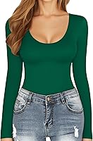 Vista 26 de MANGOPOP Long Short Sleeve Bodysuits for Women Scoop Neck Ribbed Body Suit Stretchy Basic T Shirt Tops