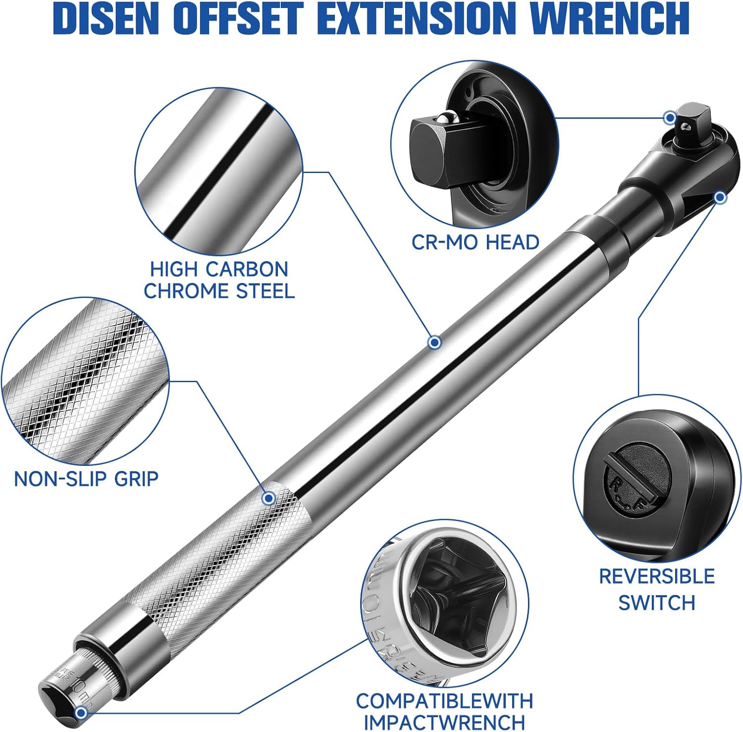 DISEN 1/2" Offset Extension Wrench Impact, Socket Wrench Extender Tool for Electric Drill, Torque Wrench, Socket Adapter, Ratchet Wrench, With 3/8", 1/4" Adapters for Tight Spaces