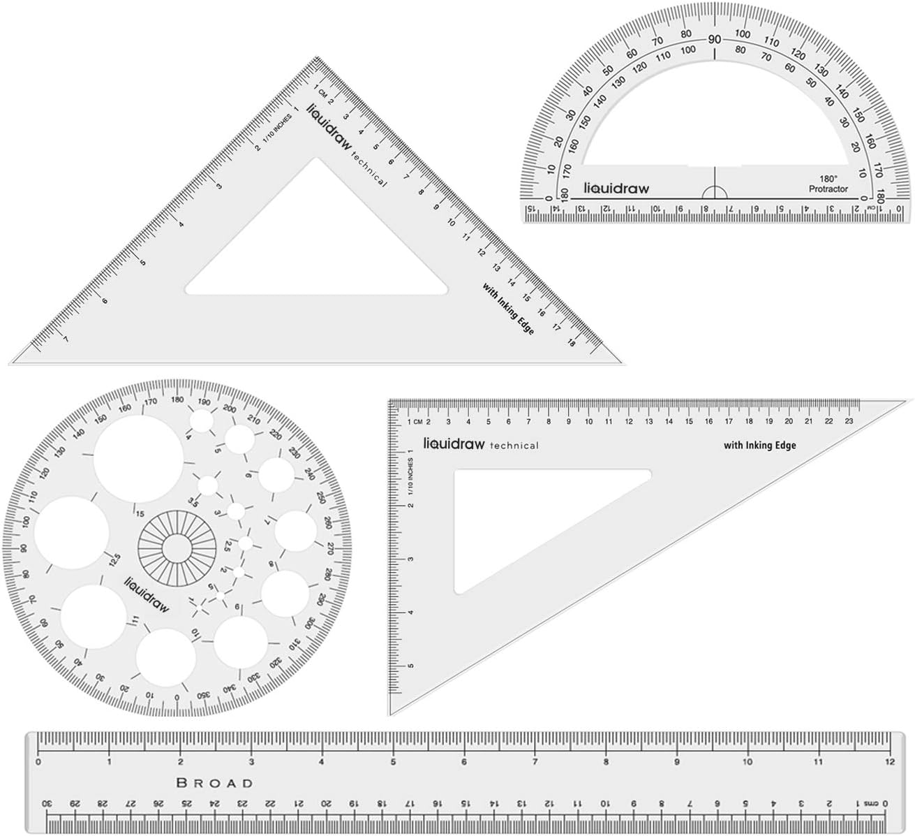 Liquidraw Set Square Triangle Ruler Geometry Set Professional Protractor Set of 5 Large