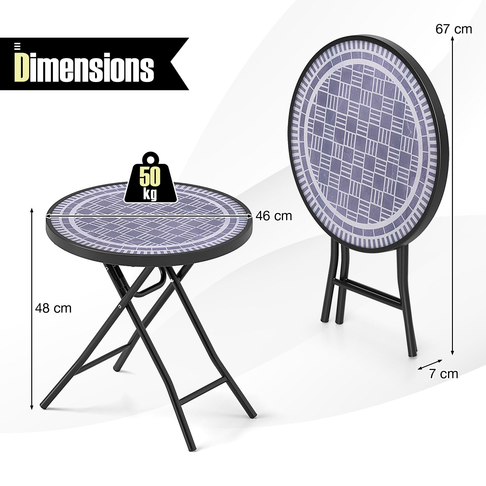 KOMFOTTEU Mesa de Jardín de Vidrio Templado de 46 cm, Mesa Auxiliar Plegable con Marco de Metal, Mesa de Comedor Redonda para Patio, Terreza, Balcón, Mesa Lateral para Interior y Exterior (Gris)