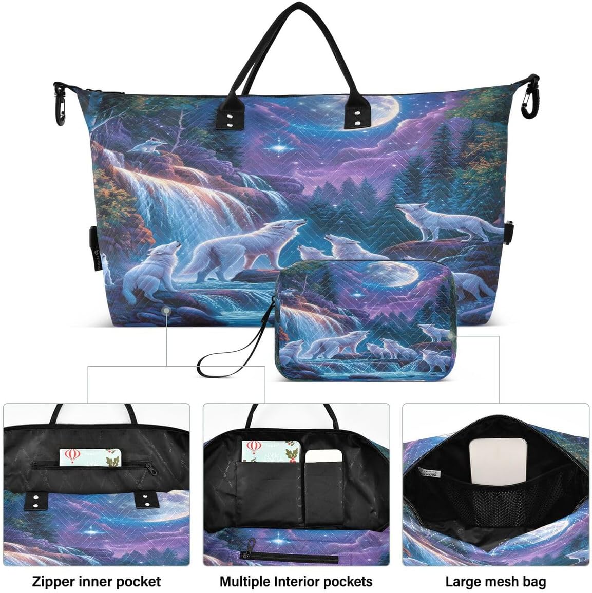 Waterfall Moon White Wolf Travel Duffle Bag Gym Bag Weekender Bags with Toiletry Bag Travel Trip Tote Bag