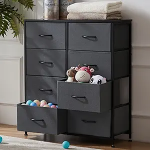 DUMOS Dresser for Bedroom, Chest of Drawers, Closet Storage with 8 Drawers, Cloth Dresser Clothes Organizers Tower with Fabric Bins, Metal Frame, Wood Tabletop for Nursery, Kids Room, Living Room