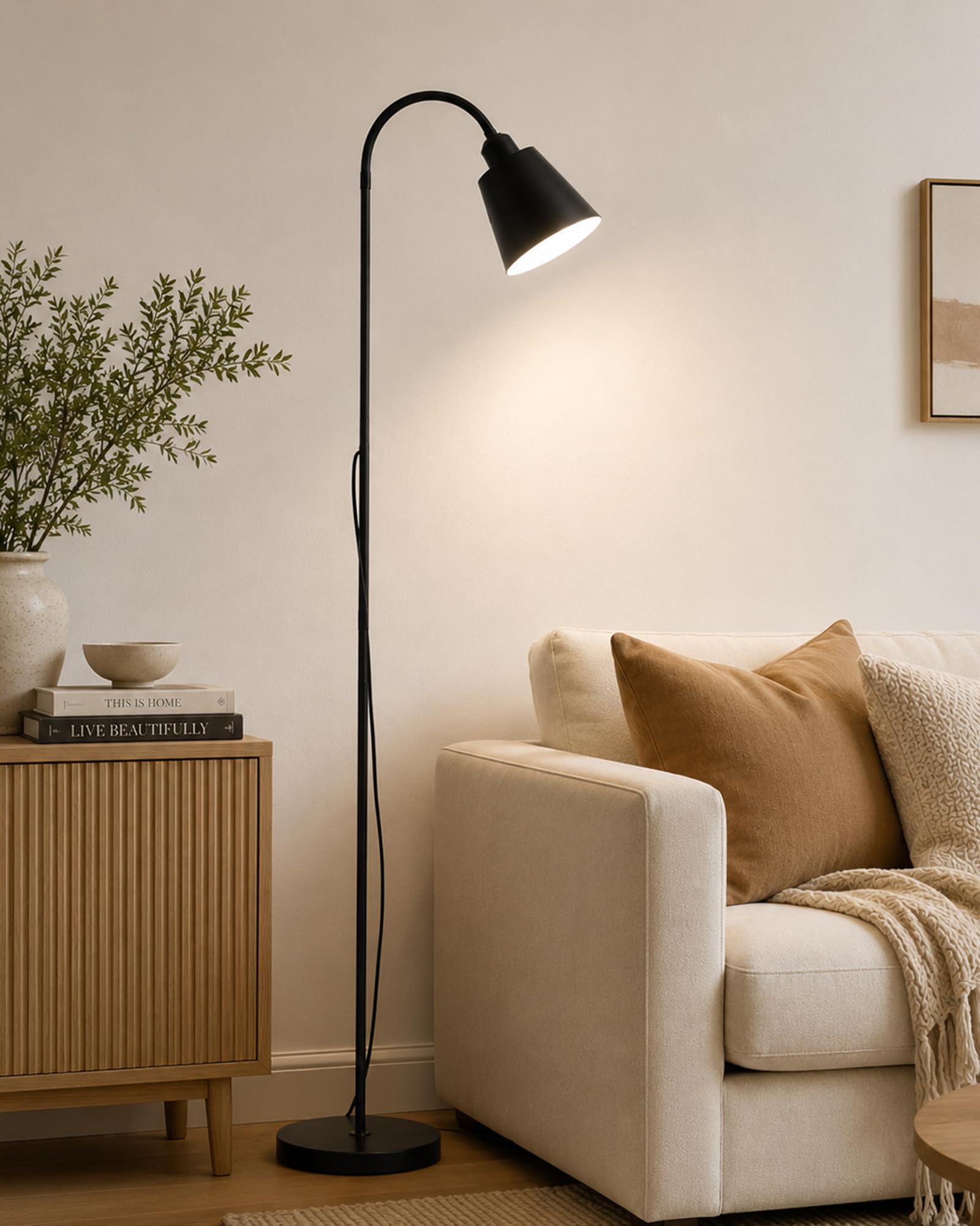 Homesake® Contemporary Arc Floor Lamp | Matte Adjustable Nordic Standing Lamp for Sofa Side Lamp & Corner Décor, Reading Floor Lamp, Floor Light for Home Office & Study Room, (Black)