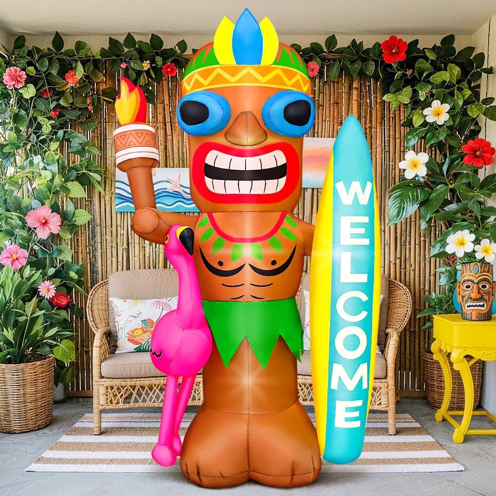 KOOY 5FT Tiki Inflatables with Flamingo and Surfboard for Luau Party Decorations, Built-in LED Blow up Hawaiian Decor Outdoor, Summer Inflatables Outdoor Decorations for Luau Aloha Bar Beach Pool