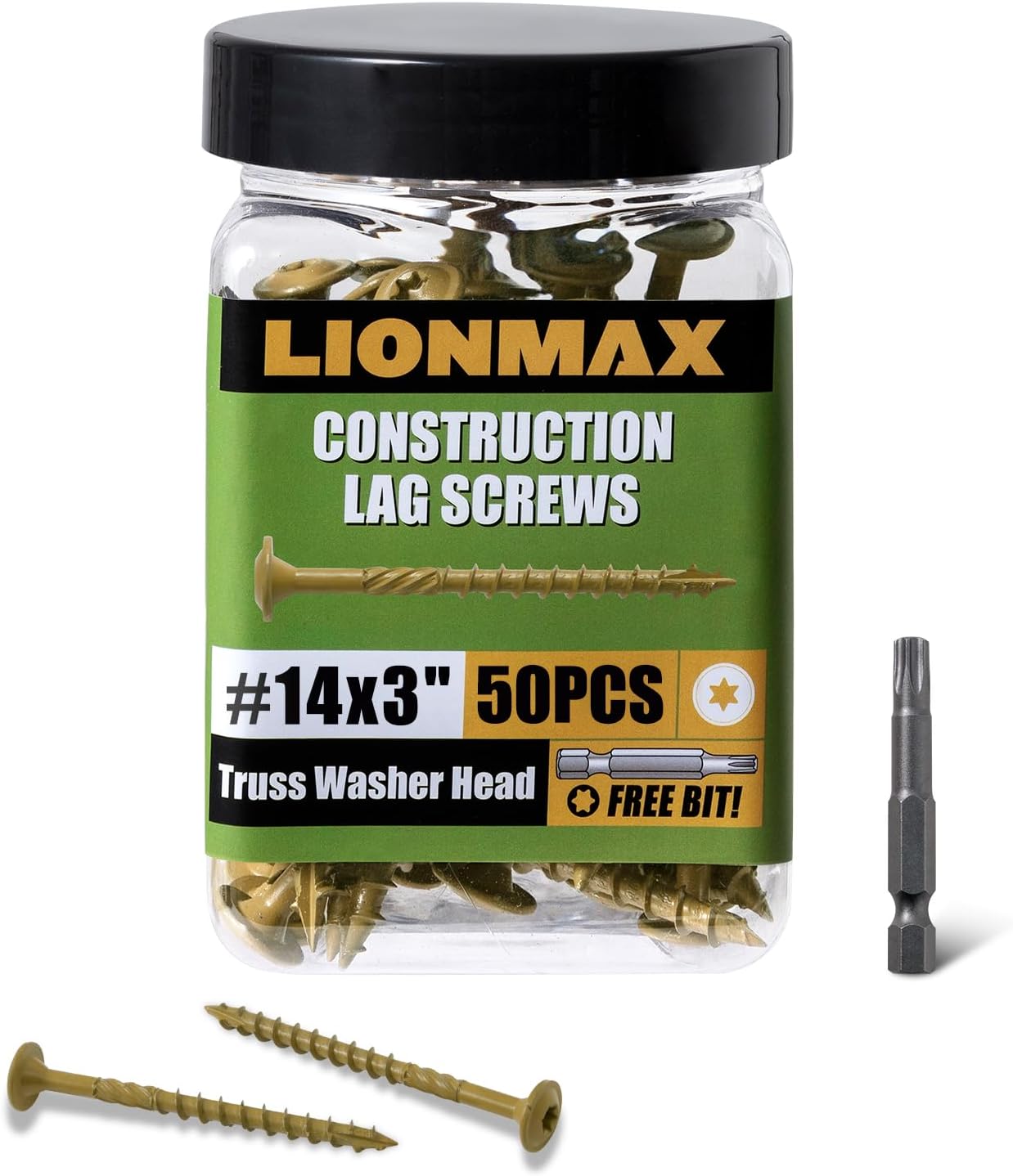 LIONMAX Construction Lag Screws #14 x 3 Inch, 50 PCS Exterior Structural Lag Screw 3 Inch with Modified Truss Washer Head, Heavy Duty Bronze Coated Construction Wood Screw, Star Drive with Bit