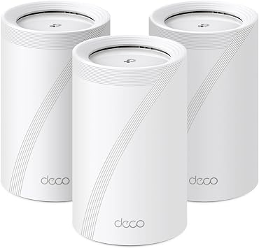TP-Link Deco BE65 Wi-Fi 7 Mesh WLAN Set (3 Pack) Tri-Band 5760 Mbit / s (6 GHz) + 2880 Mbit / s (5 GHz) + 574 Mbit / s (24 GHz) 6 Streams 4 × 25G ports 1 × USB 3.0
