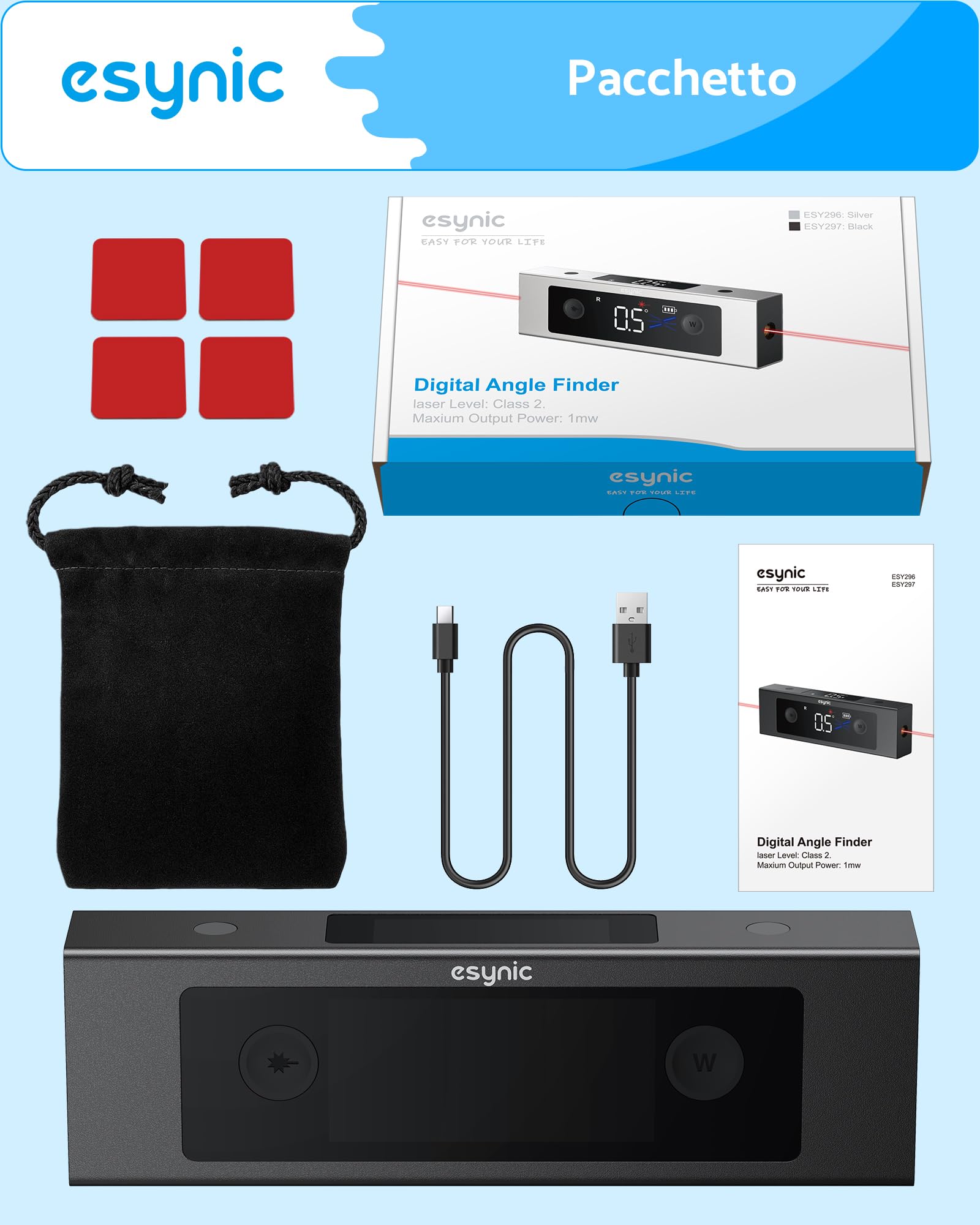 eSynic 4x90°Level Box Digitale con 2 Linee Laser, Doppio LCD Inclinometro Dual Asse X/Y, Base Magnetica, Goniometro Ricaricabile in Lega Alluminio Unità °/% / MM/M per Falegnameria Decorazione - Nero