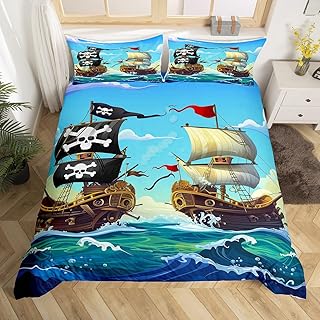 Sailboat Bedding Set Sailing Ship Comforter Cover Ocean Wave Nautical Duvet Cover For Kids Boys Girls Cartoon Pirate Ship Bedspreads Cover Red Blue Child Room Decor With 2 Pillow Cases Full Size