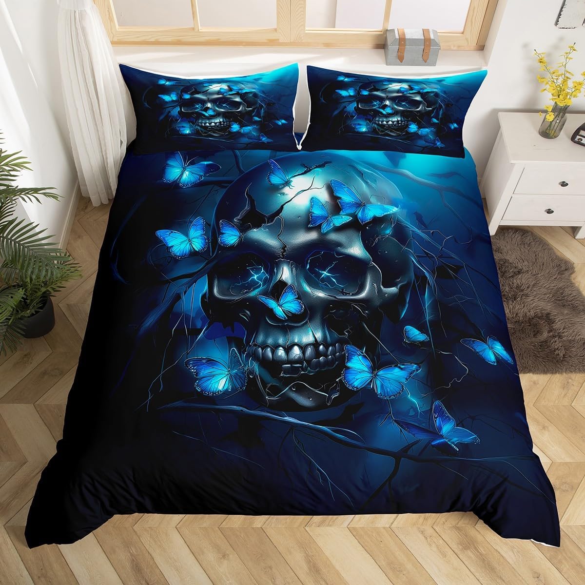 Trippy Skeleton Duvet Cover Set Toddler Size Funny Sugar Skull Comforter Cover Romantic Love Heart Flower Bedding Set 2pcs for Kids Neon Colorful Stripes Bedspread Cover,Comforter Not Included
