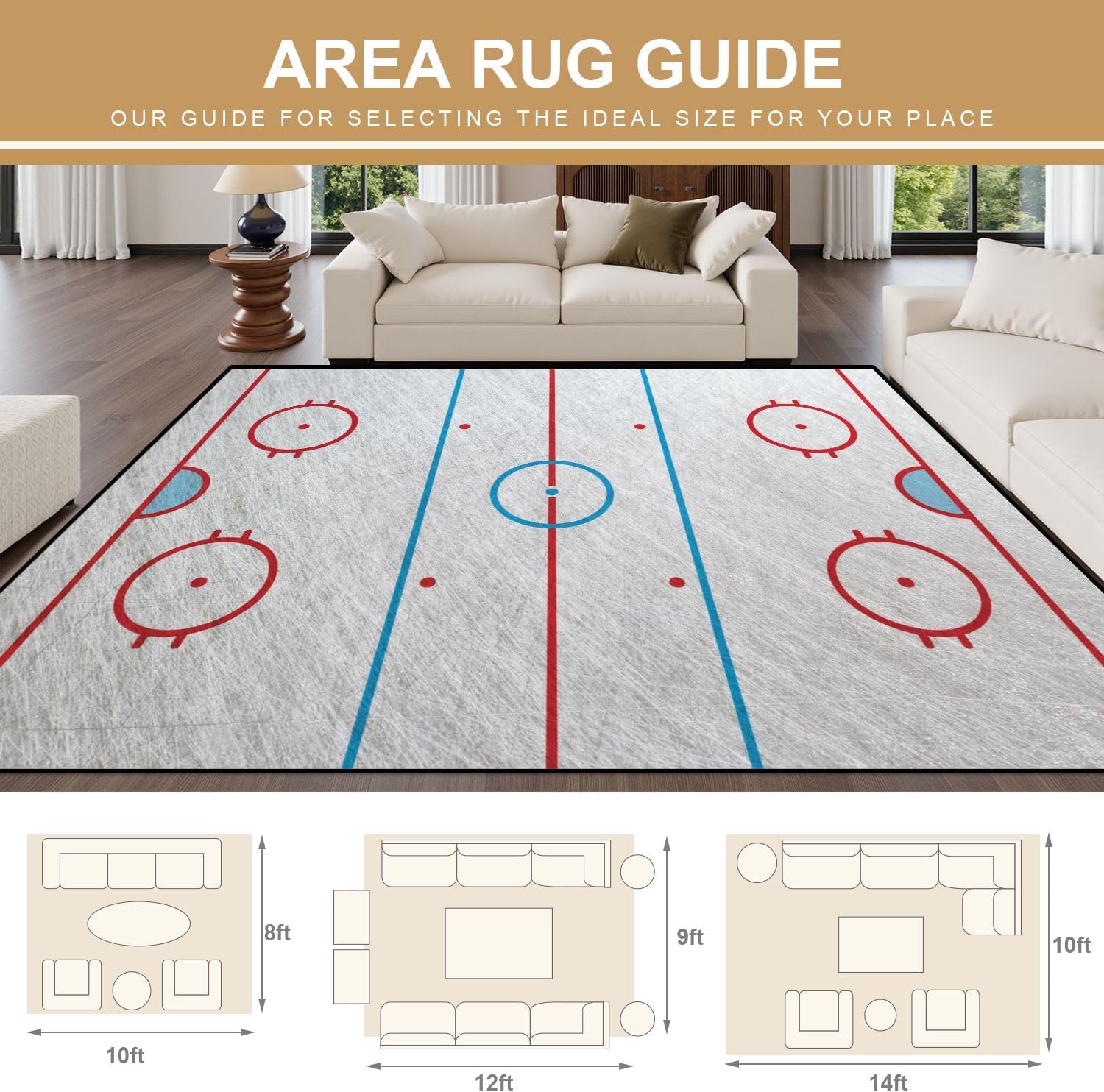 8x10 Area Rugs Washable Rug for Living Room Hockey Rink Hockey Rink Box Carpet for Dining Room Rubber Backed Non-Slip Carpets for Bedroom Office