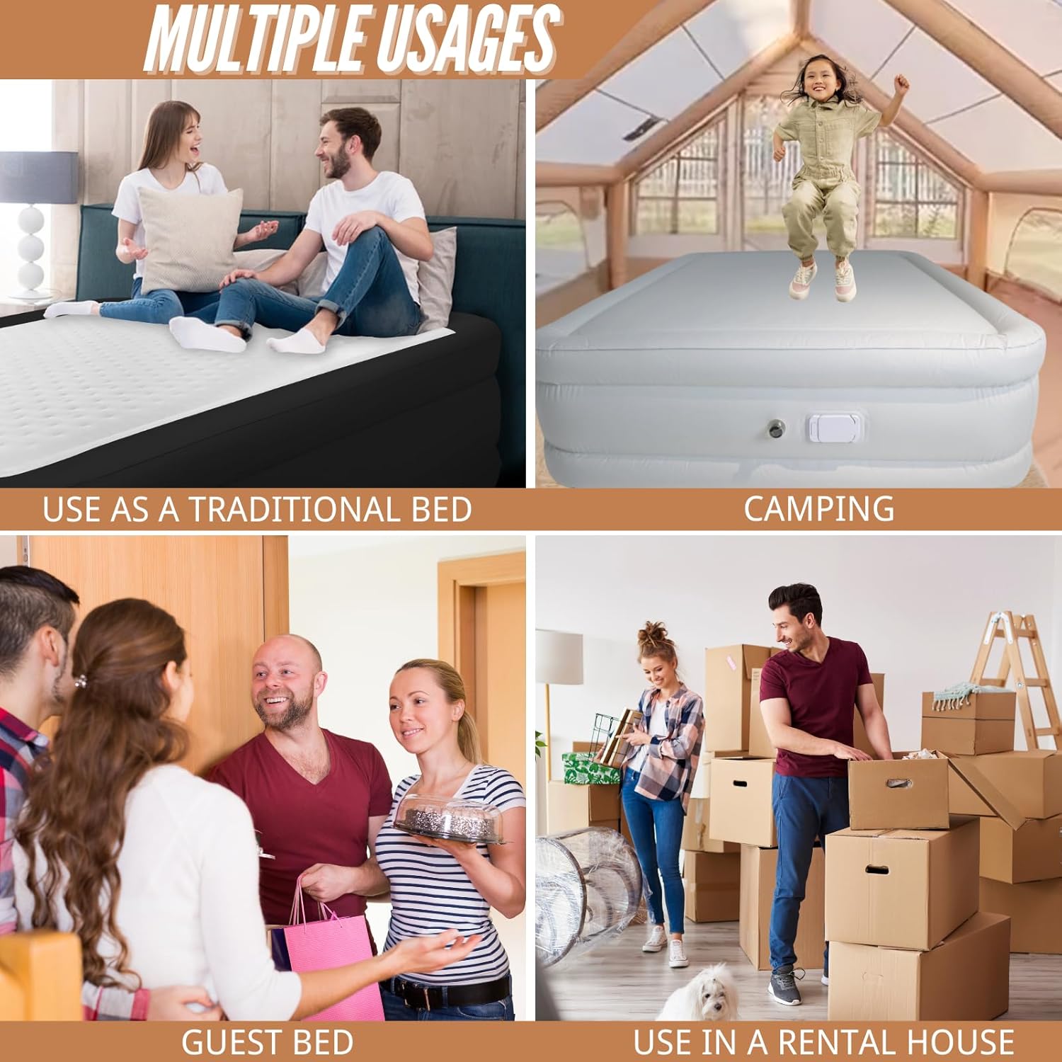 Queen Air Mattress with Built in Pump, Air Bed with Rechargeable USB-C Electric Pump, Self Inflatable Mattress Queen, Easy Carry Air Mattress for Guest, Indoor and Outdoor (18" Height, White & Green)