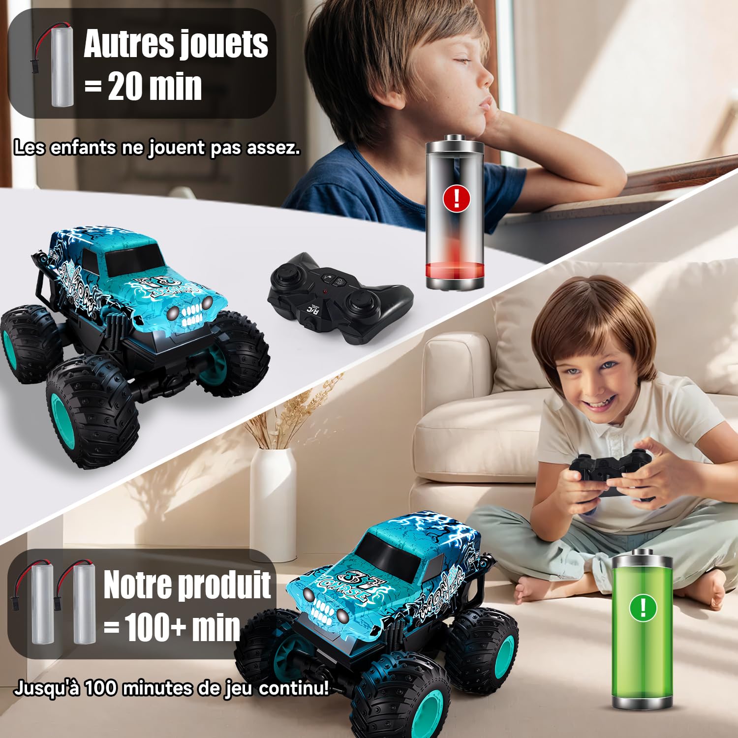 Halloween Monster Truck avec télécommande, camion monstre 1/20 avec marche verticale et rotation à 360°, 20 km/h, voiture télécommandée avec lumière LED et musique, jouets d'Halloween, cadeaux