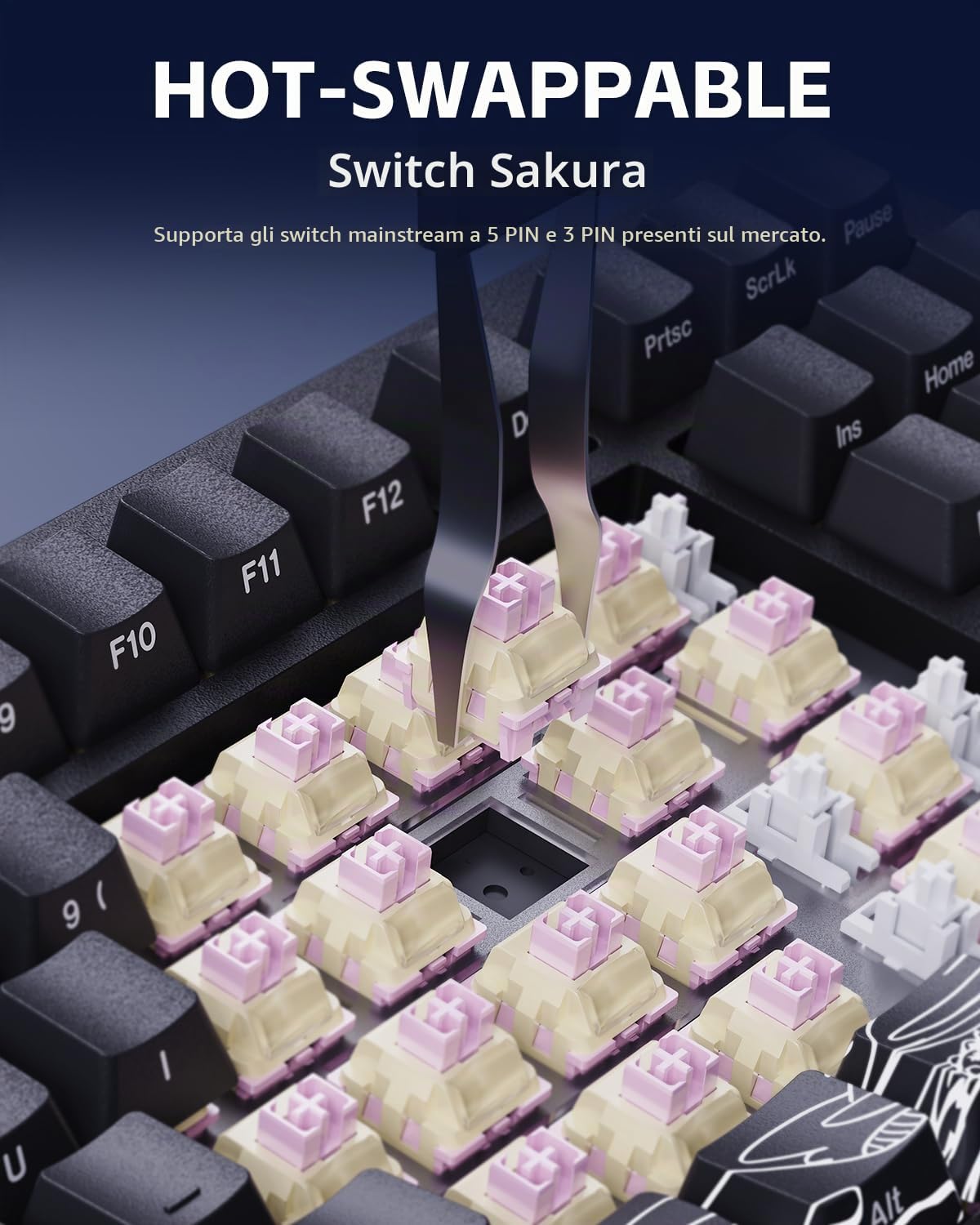 ZORNHER Tastiera meccanica da gioco wireless ZH870, tastiera nera con suono cremoso personalizzato all'80% con lucentezza, tasti Kanagawa IMD PBT, interruttori lineari pre-lubrificati, sostituibile a