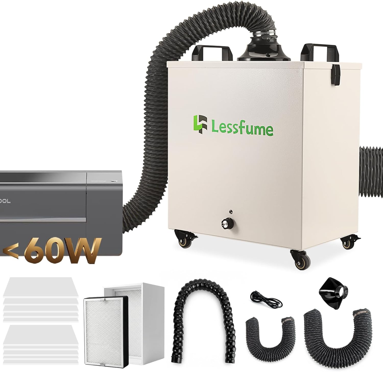 LF106-230W Laser Fume Extractor for F1/F2 Ultra/S1/M1/P2/LP Series Under 60W, 212CFM (360m³/h) Strong Suction, Low-Noise for Solder Fume Extractor with Exhaust for Laser Engraver, 3D Printing