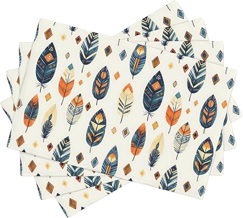 Dining Table Placemats Set of 4-12x18 Inch Feather Leaves Colorful Print Faux Linen Double Heat Resistant Place Mats, Kitchen Table Mats, Wipeable