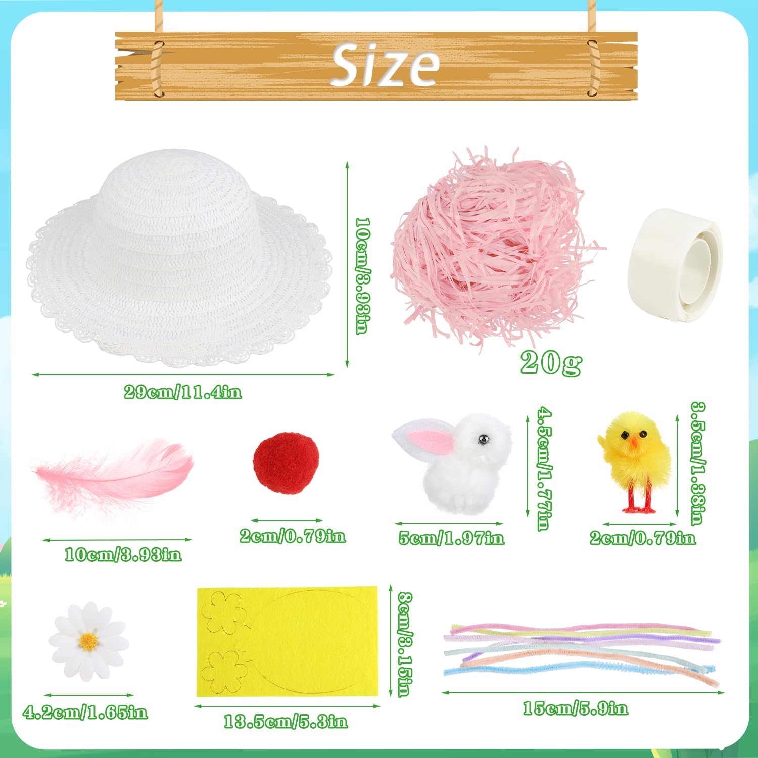 DERAYEE Easter Bonnet Kit, Make Your Own Cute Easter Straw Hat for DIY Easter Bonnet Decorations Spring Fun Activities (White)