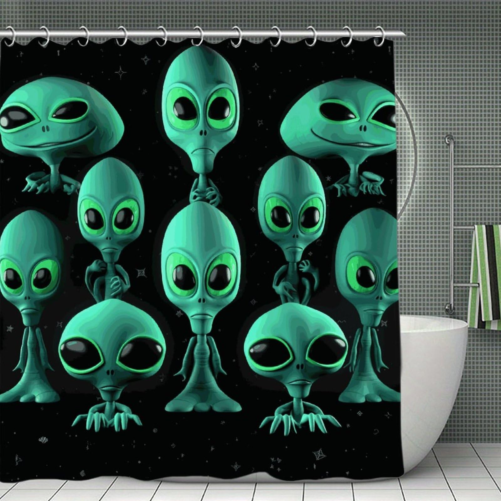QMNLKH Aliens Shower Curtain with Hooks, Waterproof Bath Curtains for Bathroom, Lightweight Bath Curtains Liner for Hotel, Personalized Bath Curtain for Spa, 70.8 Inch