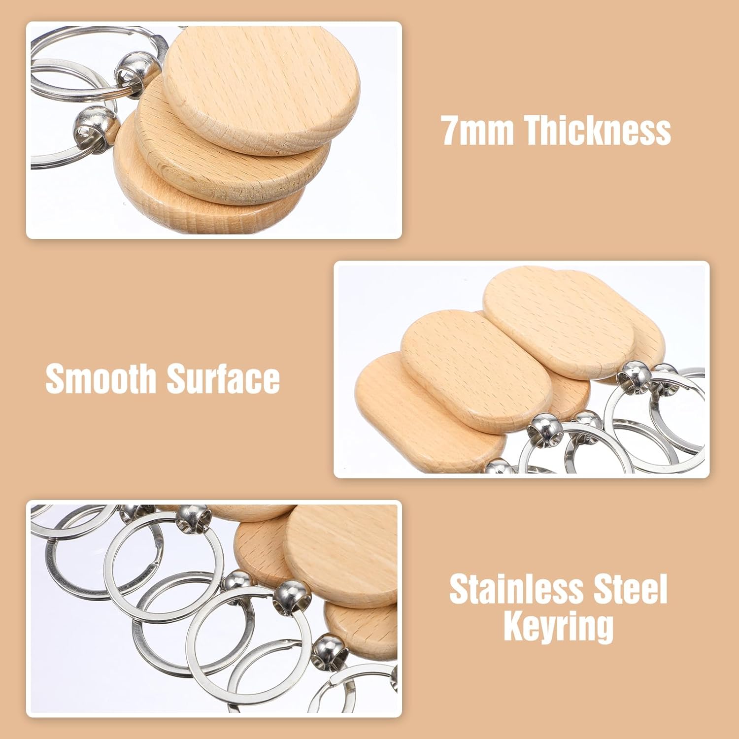 100 PCS Unfinished Wooden Keychain Blanks for Engraving, Wood Engraving Blanks Key Chain, DIY Wooden Key Ring Key Tag - Image 4