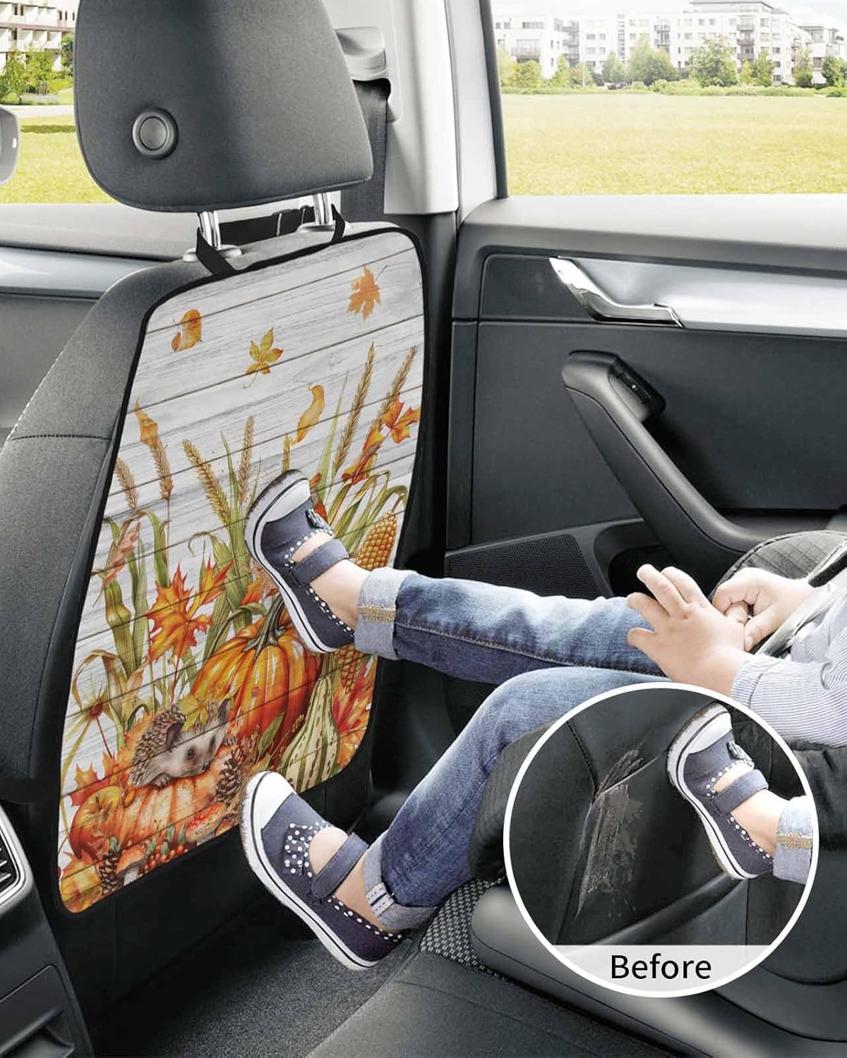Car Seat Protector, 2 Pack Kick Mats Back Seat Protector Fall Thanksgiving Pumpkin Wheat Hedgehog Robin Wood Grain Waterproof Backseat Cover for Kids Universal Fit Automotive Interior Protectors
