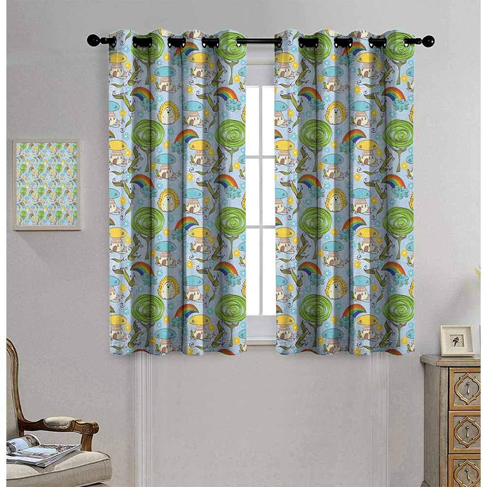 Ahuimin Hedgehog Blackout Window Treatment Curtains, Abstract Hand Drawn Childhood Pattern with Fungus Houses Flowers Rainbows Trees, Blackout Window Drape for Bedroom, W55 x L63 inch, Multicolor