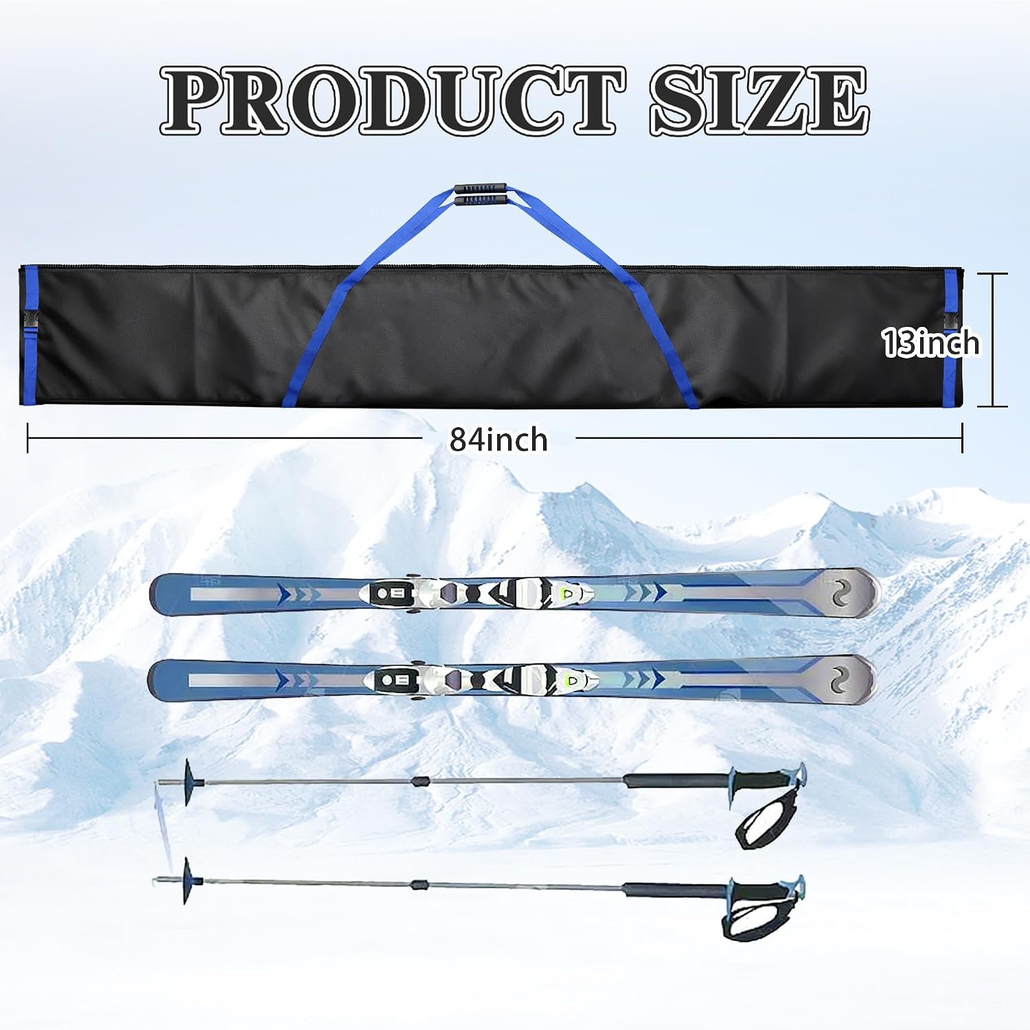 Black Ski Bag with Shoulder Straps, Padded Winter Sports Equipment Storage Case, Snowboard Travel Carrier with Blue Accent
