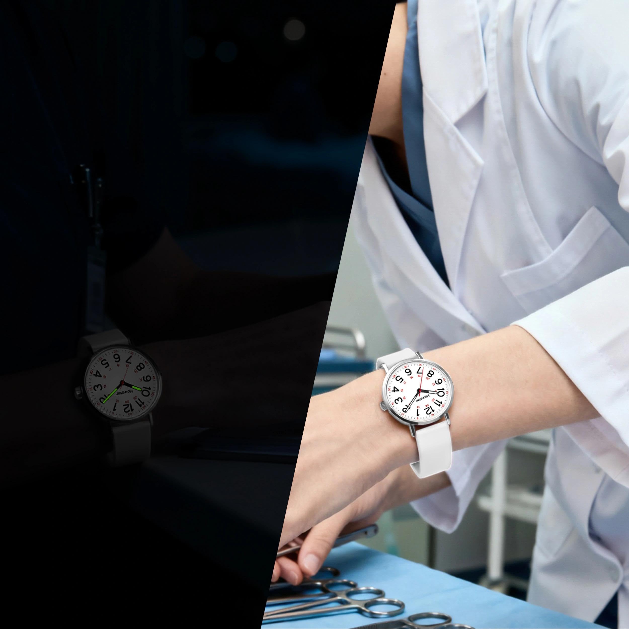 Damen Analog Krankenschwester Uhr mit Sekundenzeiger zum Stillen 12/24 Zeit Silikon Band Leicht Ablesen (Weiß)