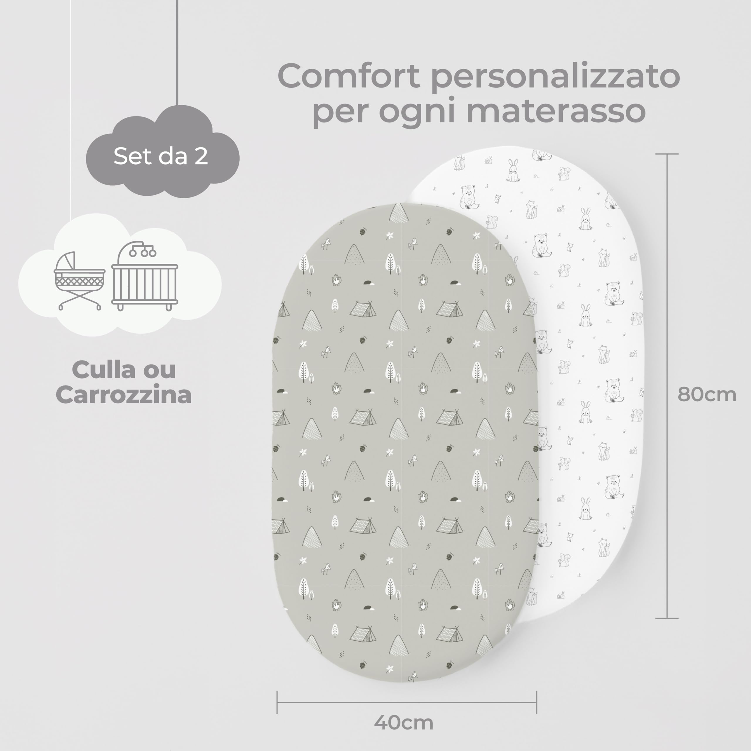 Dreamzie Set 2 Lenzuola Culla 40x80 Cotone - Lenzuolo Con Angoli, Oeko-Tex Certificato - Per Carrozzina E Passeggino Neonato - Bosco Bianco/Grigio