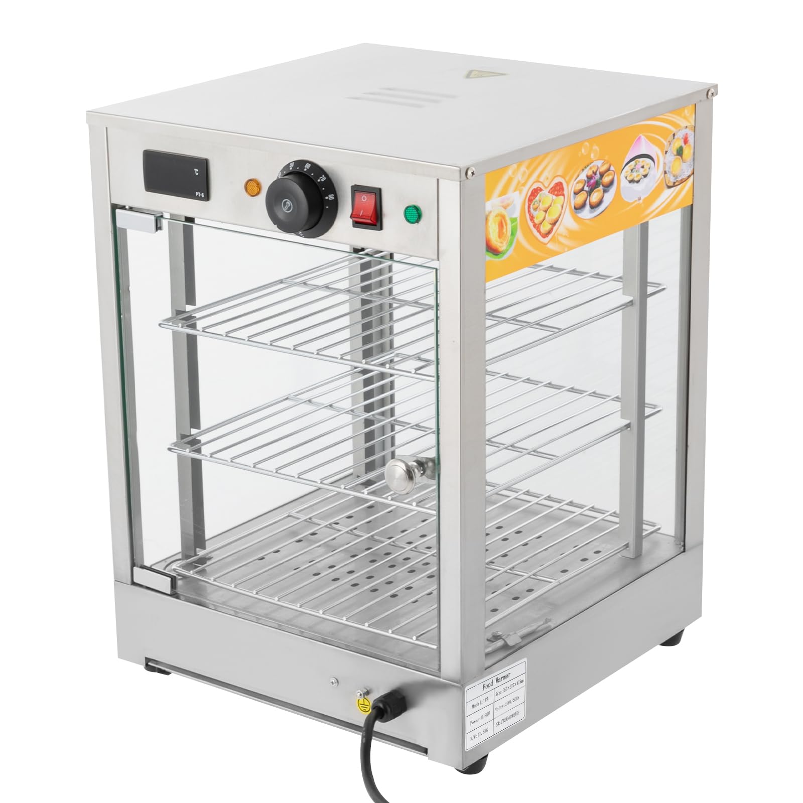 Vetrina riscaldante, contenitore termico, 800W elettrico commerciale con illuminazione, 3 livelli di banco caldo, temperatura regolabile, display digitale, in acciaio inossidabile