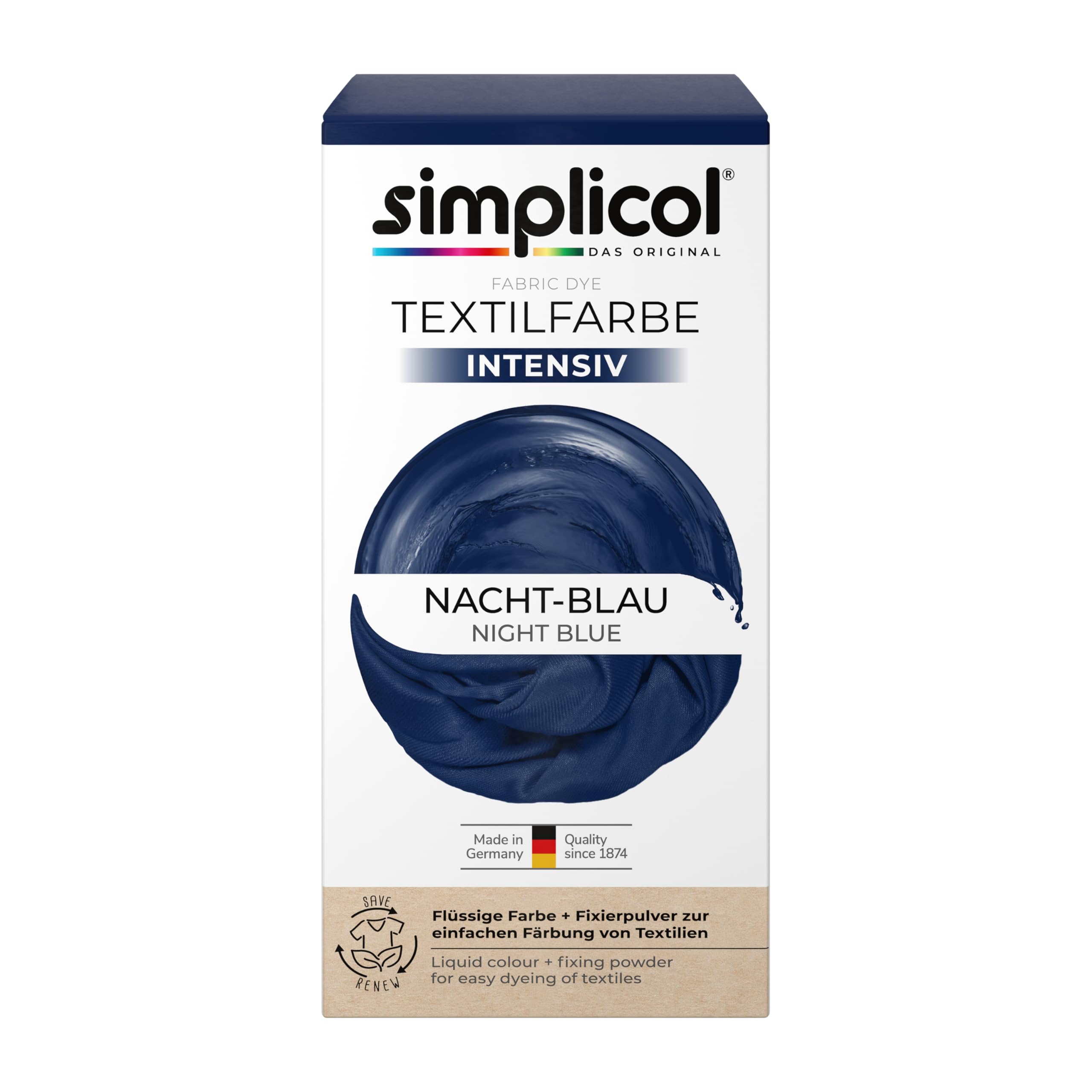 simplicol Textilfarbe intensiv Nacht-Blau | Einfaches Färben in der Waschmaschine | Flüssige Farbe & Fixierpulver | 1er Pack | 150 ml + 400 g