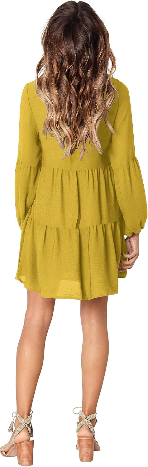 FAVALIVE Womens Casual Loose Short Sleeve V Neck Solid Color Dress
