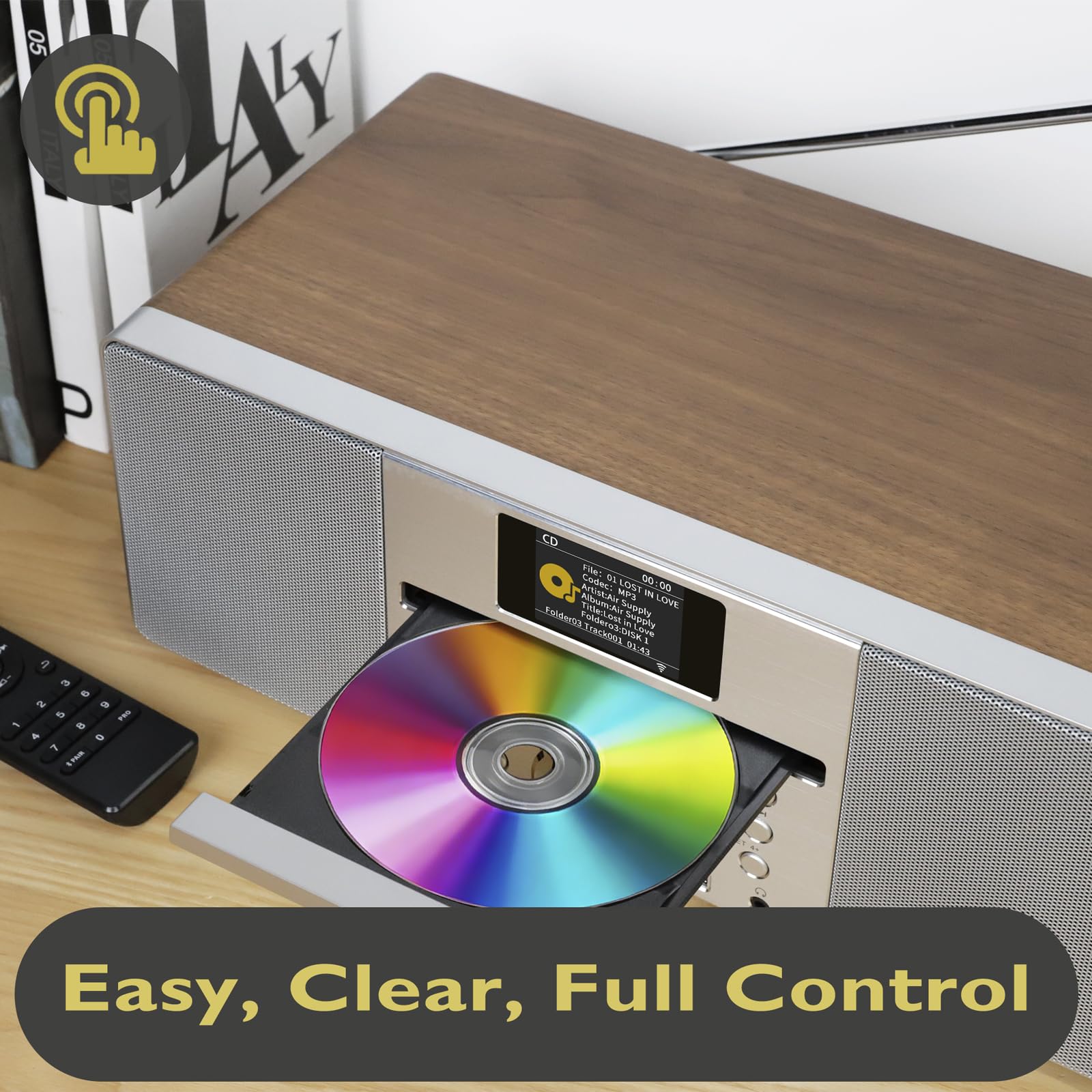 LEMEGA MSY1P Sistema musicale All-In-One,lettore CD,DAB/DAB+ e radio digitale FM,Bluetooth,suono stereo 20W,USB MP3,caricatore USB,uscita cuffie,Aux-in,orologio allarmi,display a colori. Noce