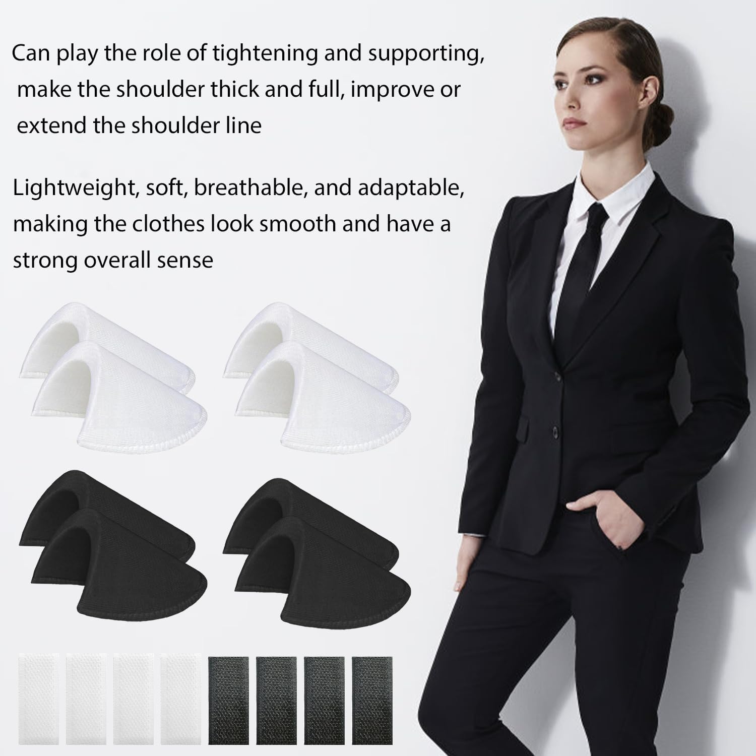 4 Pairs Shoulder Pads Self Adhesive Sponge Shoulder Pads Non Slip Shoulder Protectors Soft Covered Sewing Foam Pads for Blazer Clothes (Black&White) - Image 6