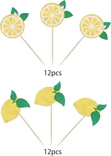 Miniatura 3 de Paquete de 24 adornos de limón para cupcakes temáticos de frutas con purpurina para cupcakes de verano, limona, piscina, playa, barbacoa, decoración