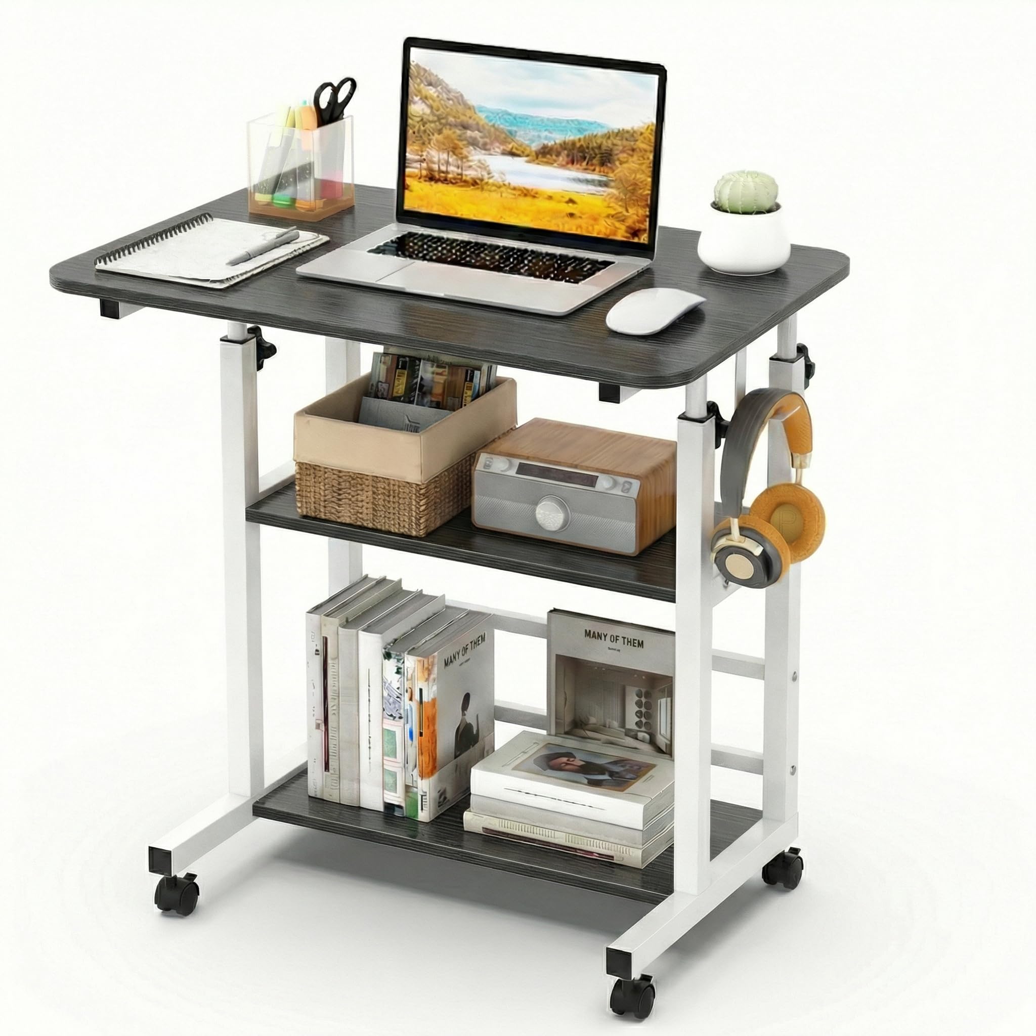 Huracan Höhenverstellbarer Laptoptisch auf Rollen 60×40×56–82 cm, 3 Ebenen, Robuster H-Rahmen, Pflege- & Beistelltisch mit Arretierbaren Rollen, Schwarz Gebürstet