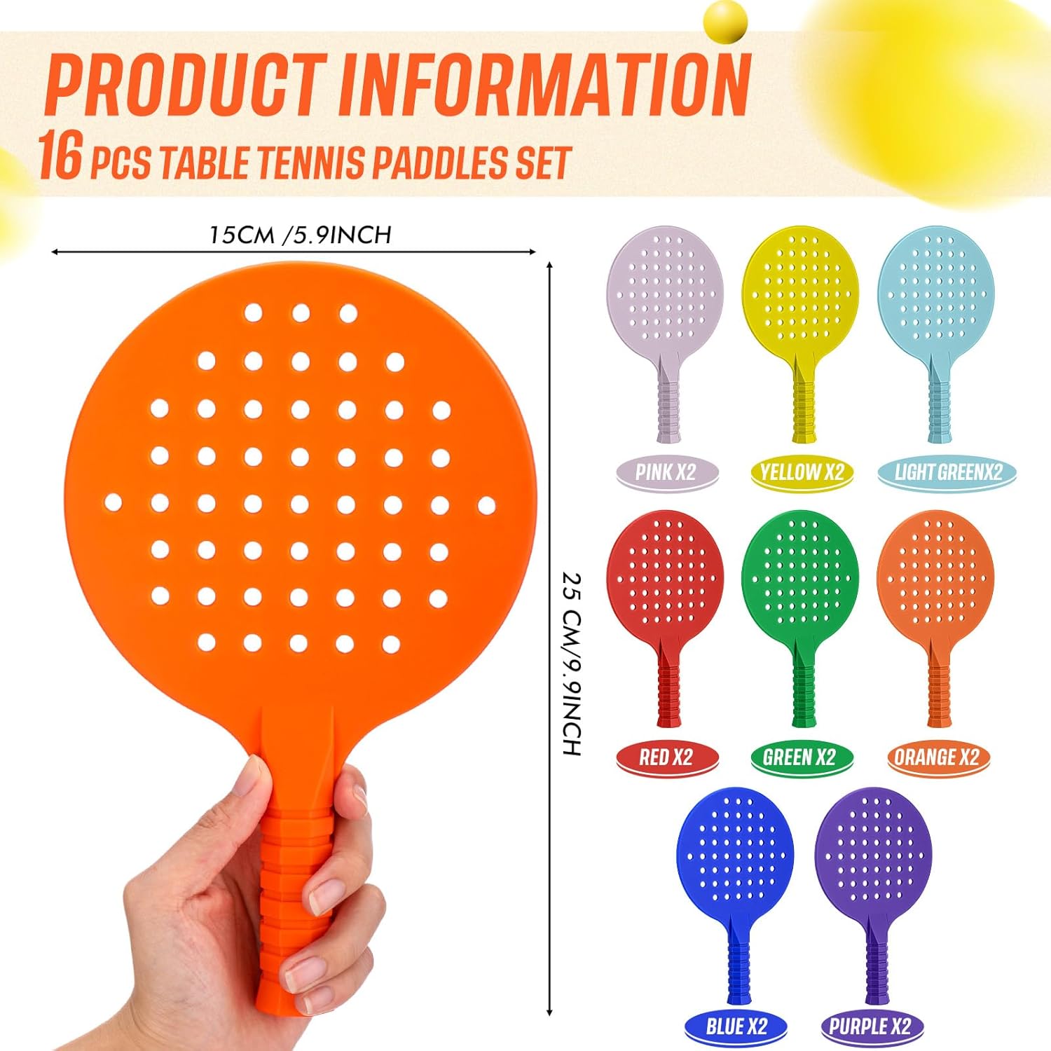 Junkin 16 Pcs Bulk Plastic Table Tennis Paddle Set Multi Color Sports Table Tennis Rackets Paddles Portable Equipment Accessories for Indoor Outdoor Games, Easy Grip and Light Spin