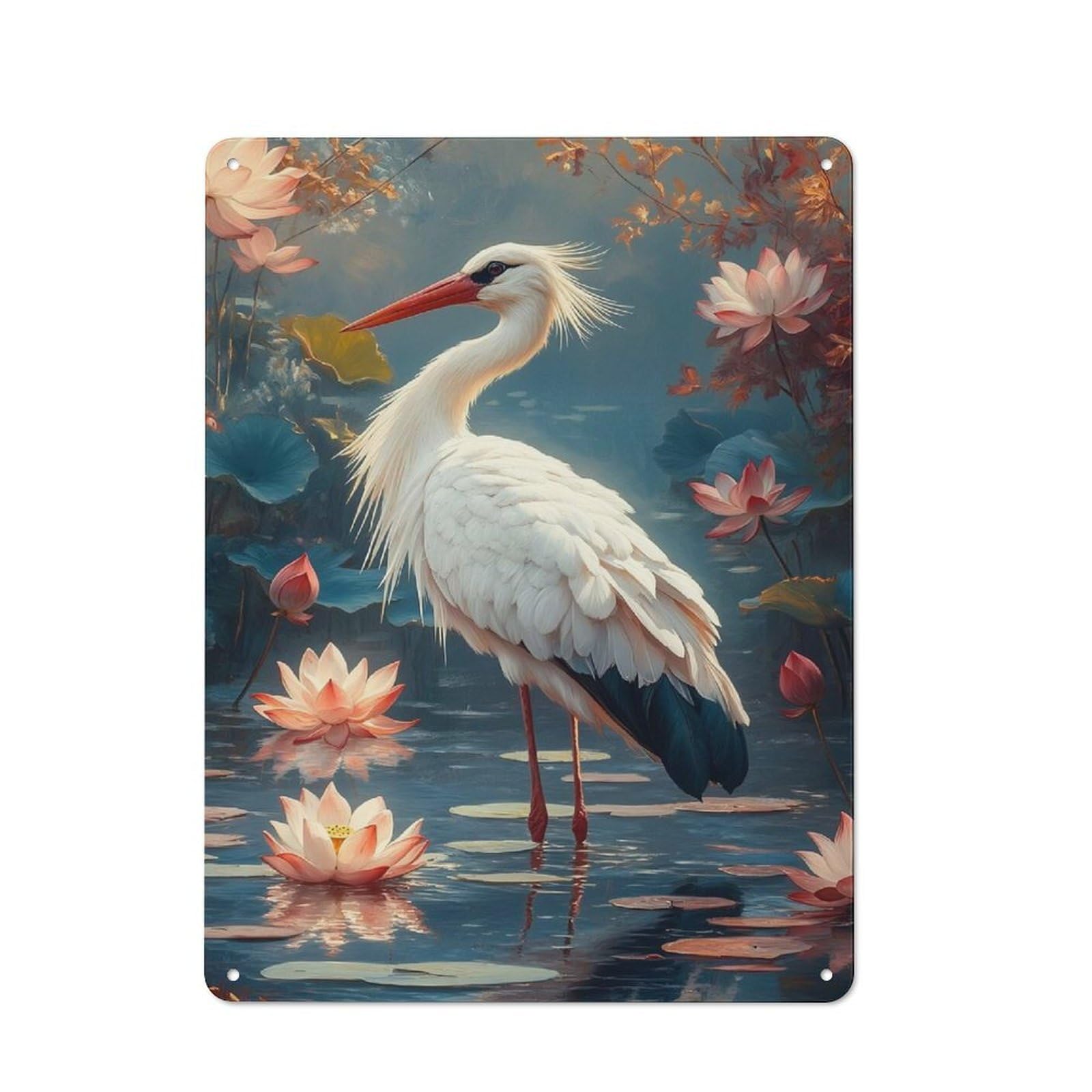 Junmoney Style-12 Rustic Metal Wall Sign 40X30cm Featuring Stork In Lotus Pond For Garage Wall, Tin Sign Wall Decor For Garages And Workshops