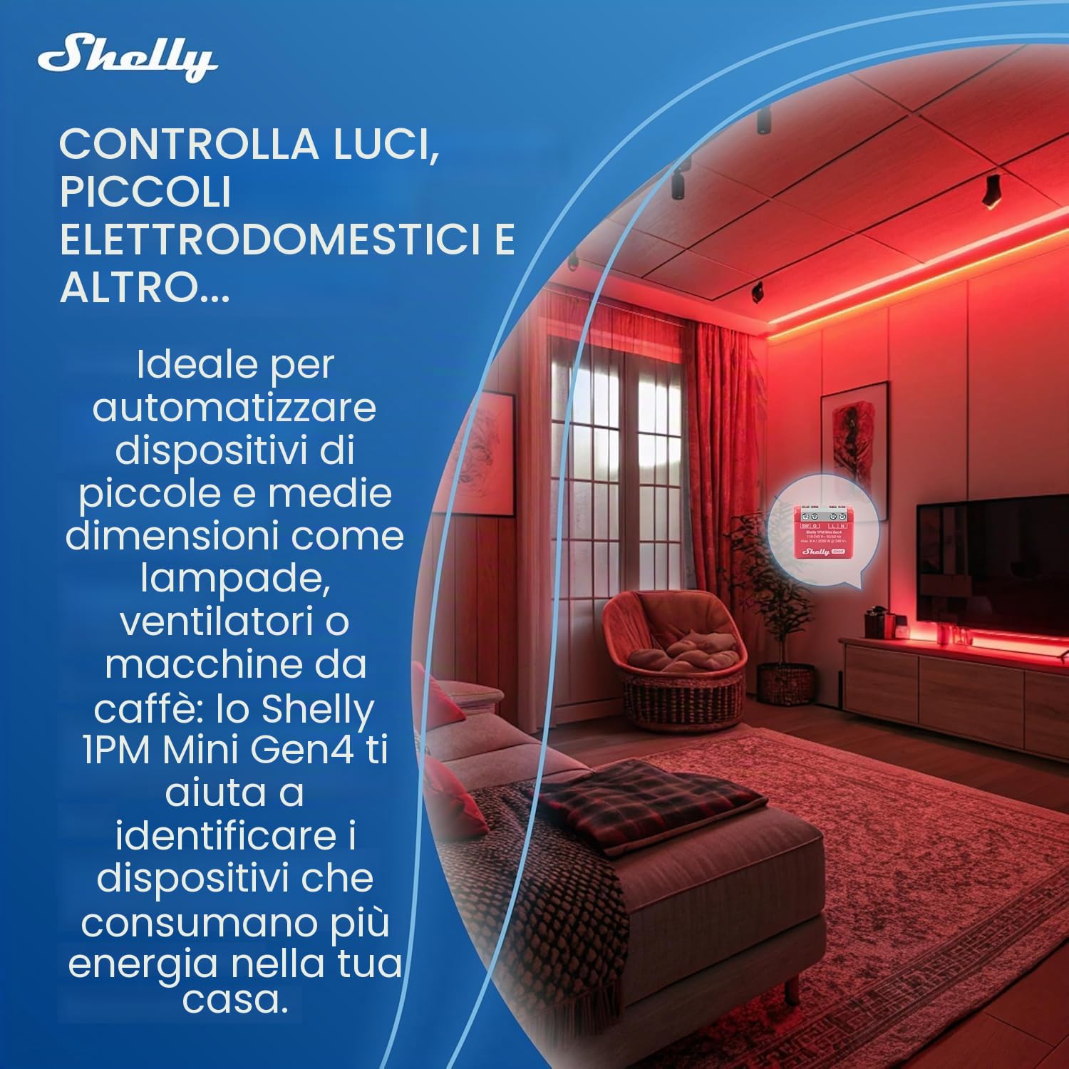 Shelly 1PM Mini Gen4, interruttore relè intelligente con funzionamento Wi-Fi, 1 canale, 8A, misurazione della potenza, automazione domestica, nessun hub necessario, Alexa, Apple HomeKit & Google Home