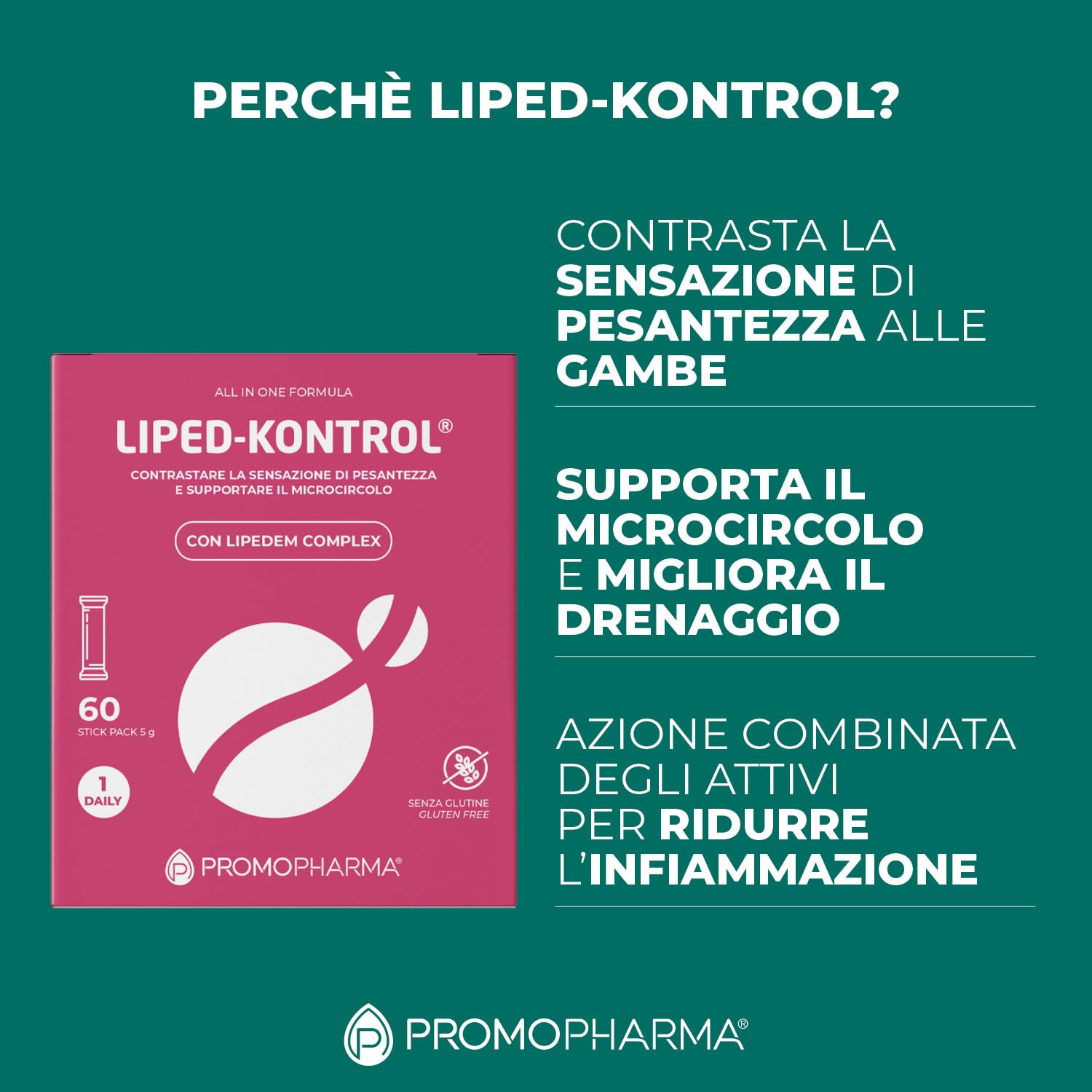 Liped-Kontrol – Integratore Microcircolo, Lipedema e Linfedema - Drenante Gambe Pesanti e Anti-Cellulite - Con Peptidi di Collagene Idrolizzato, Acido Ialuronico e Bromelina - 60 stick pack da 5g