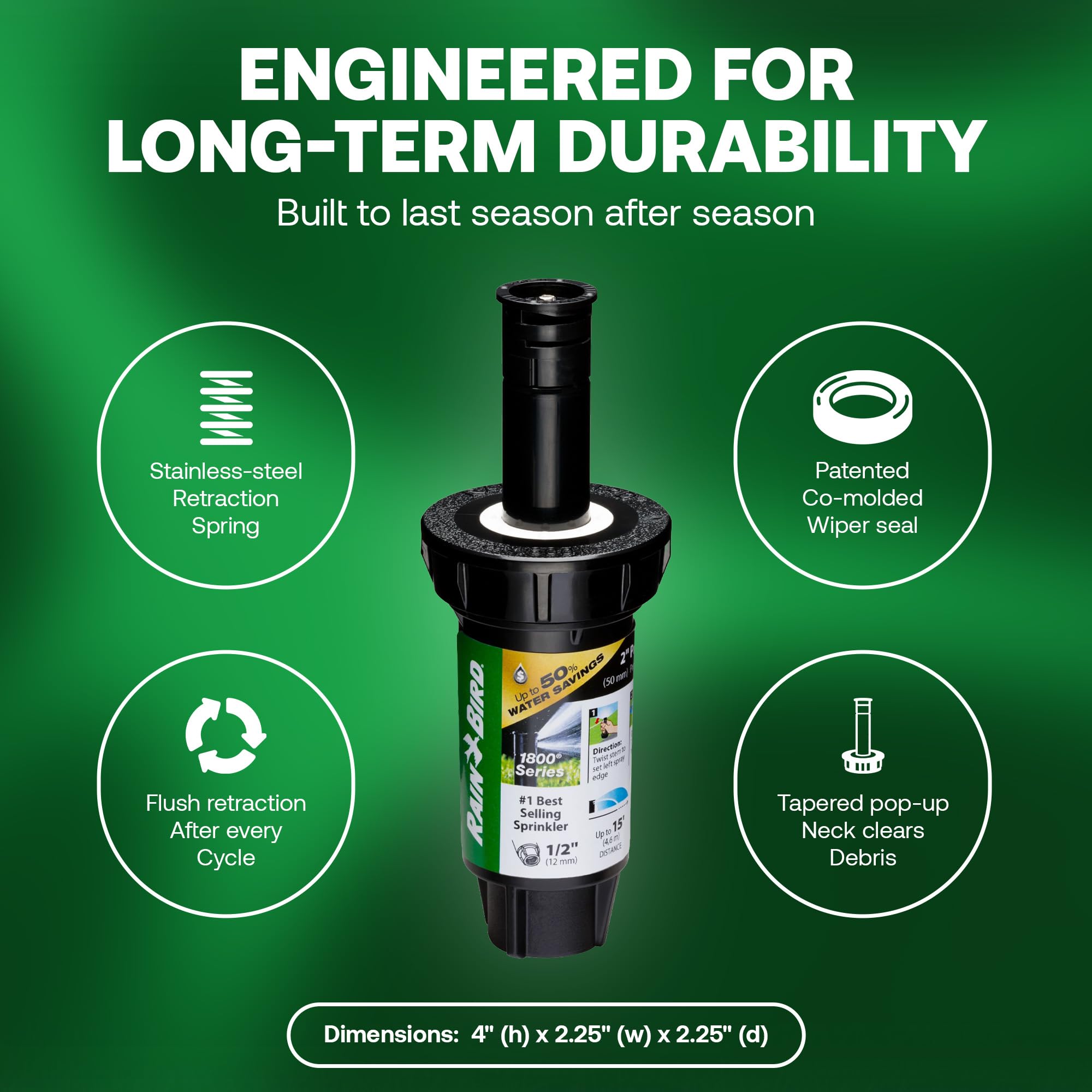 Rain Bird 1802QDSPRS 1800 Series 1800 - Cabezal de aspersor desplegable de 2 pulgadas, paquete de 4, aspersor de césped eficiente en agua con patrón de cuarto de 90 grados, NPT de 1/2 pulgada