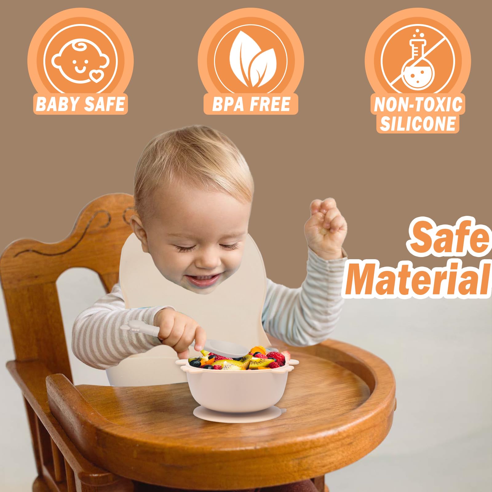 Vajilla Bebe Silicone, 10 Piezas Cubiertos, Antideslizante Con Plato Bebe Ventosa Vasito Cuchara Babero, Vajilla Aprendizaje Comer Destete (Beige)